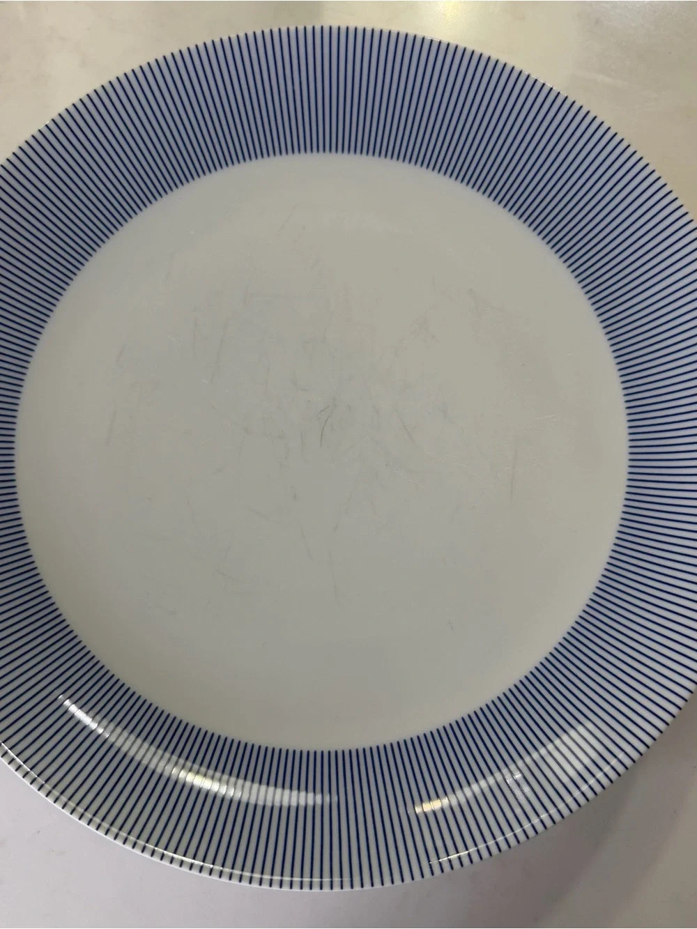 6 Crate&Barrel White Dinner Plates with Navy Pinstripe Rim